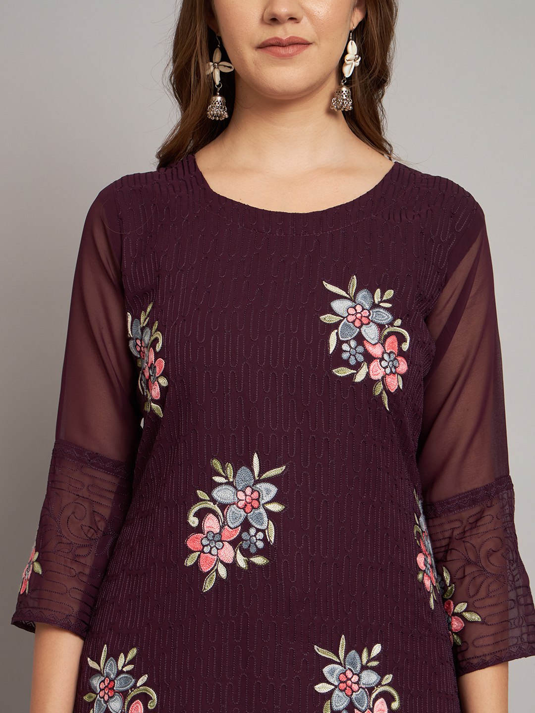 Georgette Straight Cut Round Neck Kurta with Beautiful Lucknowi Chickankari Work