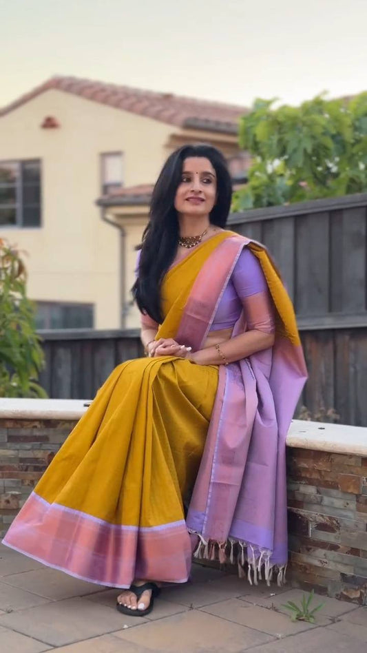 Sunset Glow – Mustard & Lavender Soft Silk Saree with Elegant Contrast Border