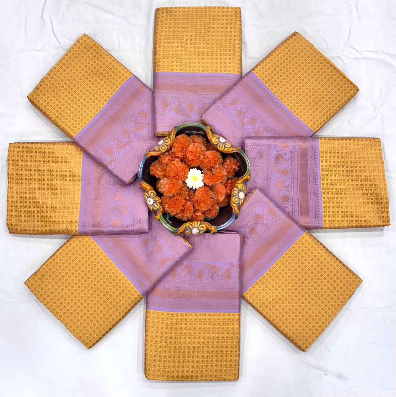 Sunset Glow – Mustard & Lavender Soft Silk Saree with Elegant Contrast Border
