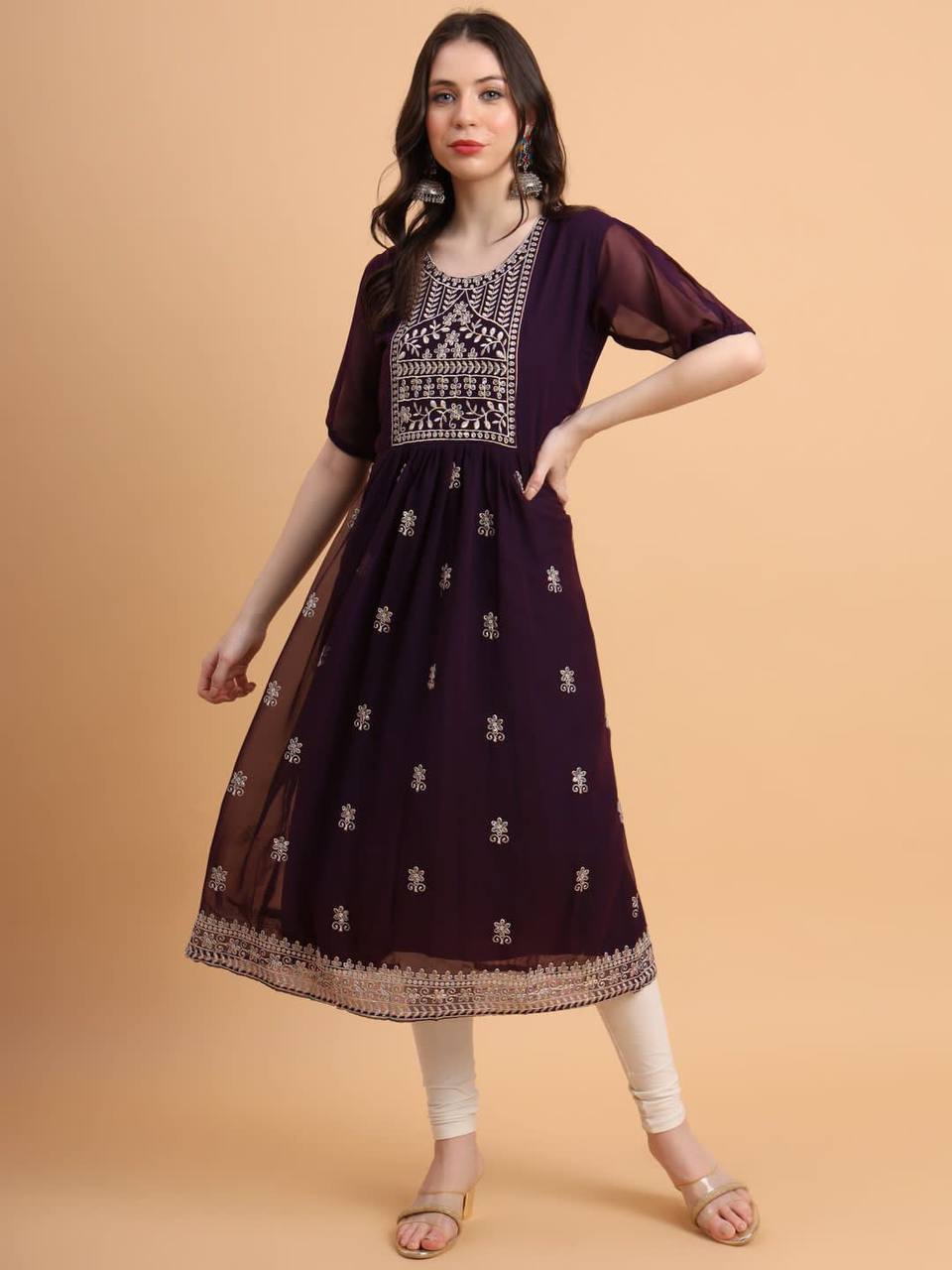 Women Embroidered Georgette Flared Kurta