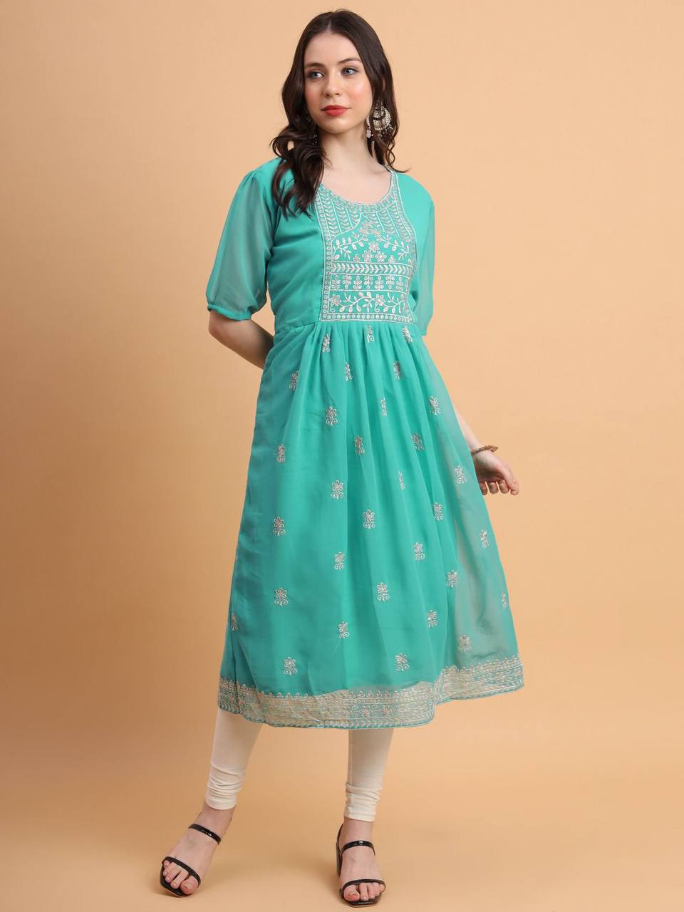 Women Embroidered Georgette Flared Kurta