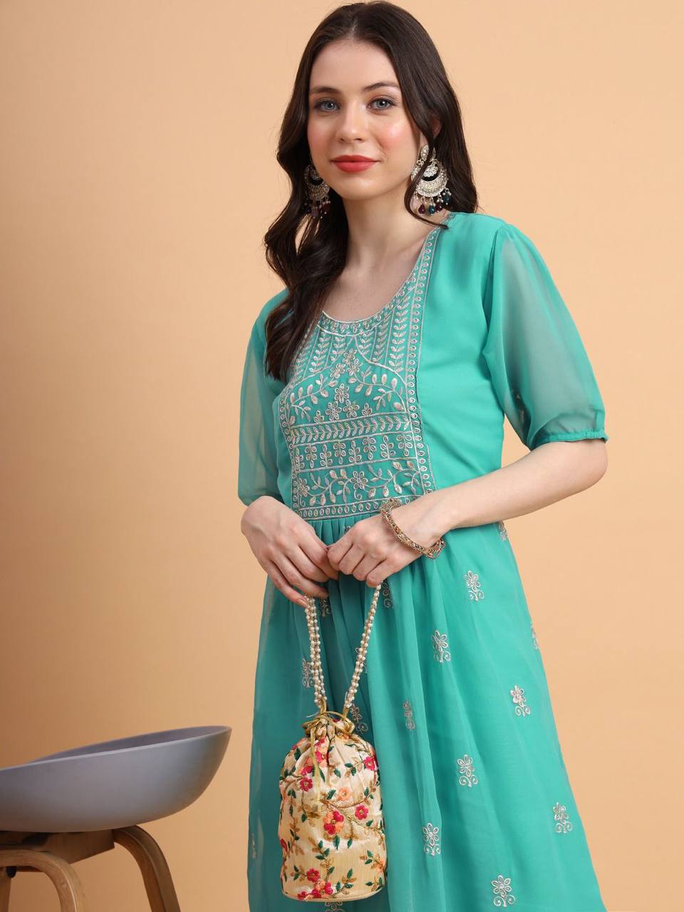 Women Embroidered Georgette Flared Kurta