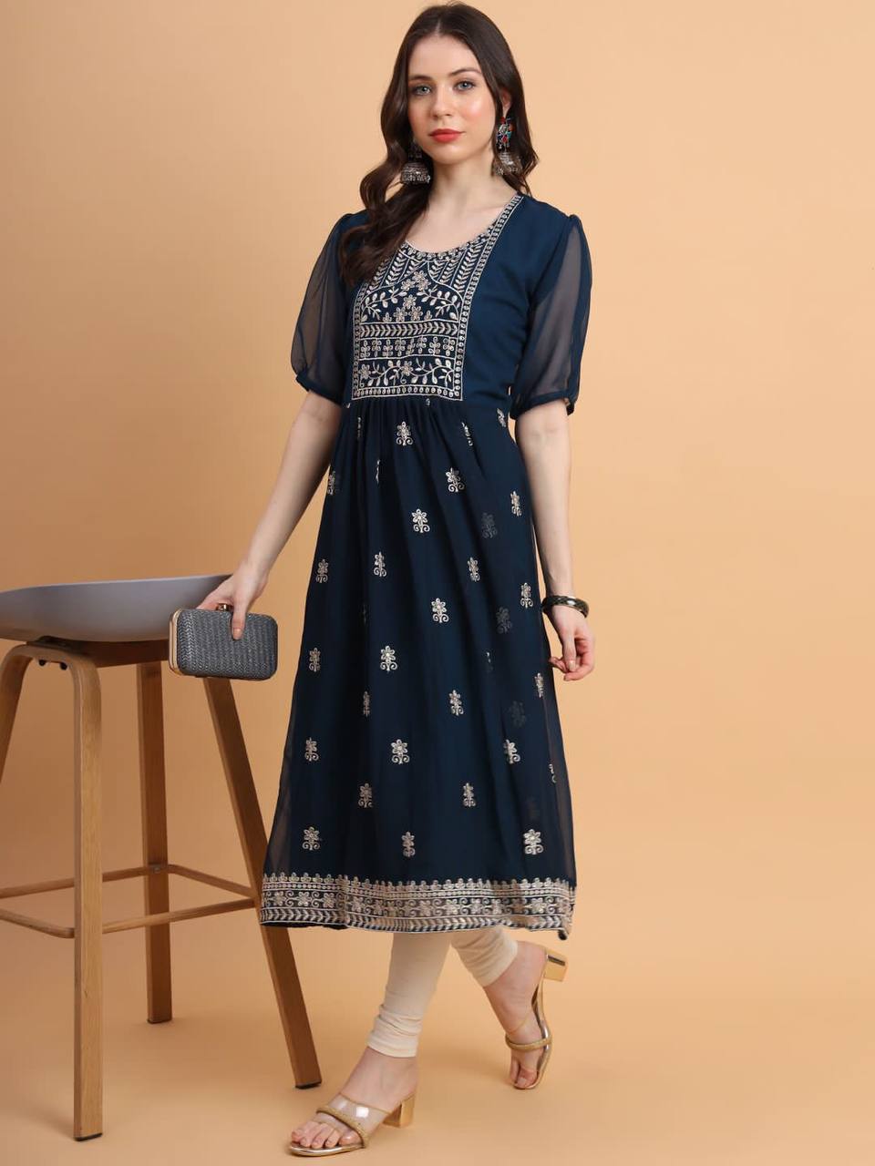 Women Embroidered Georgette Flared Kurta