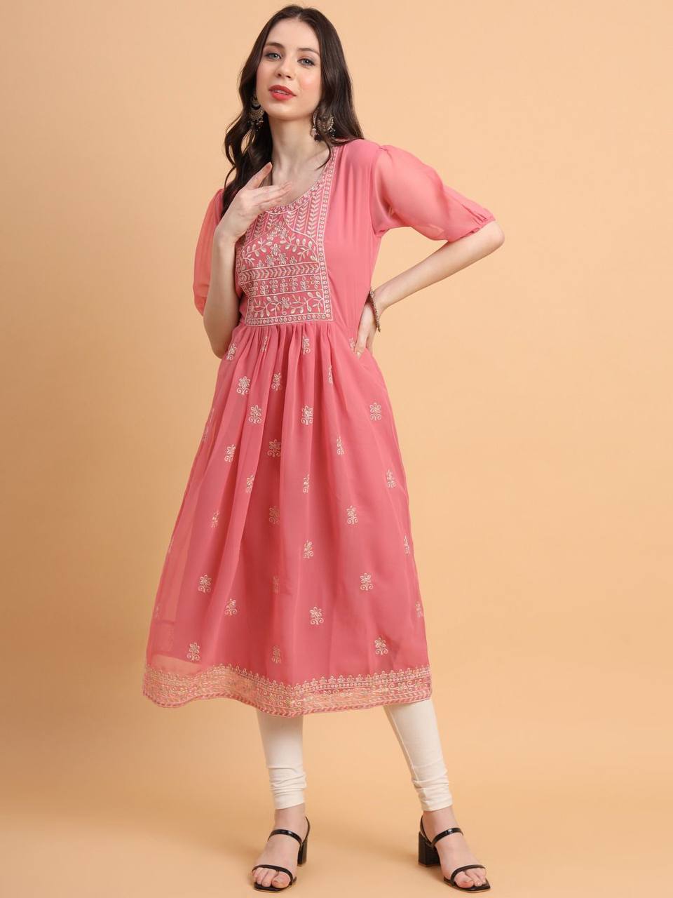 Women Embroidered Georgette Flared Kurta