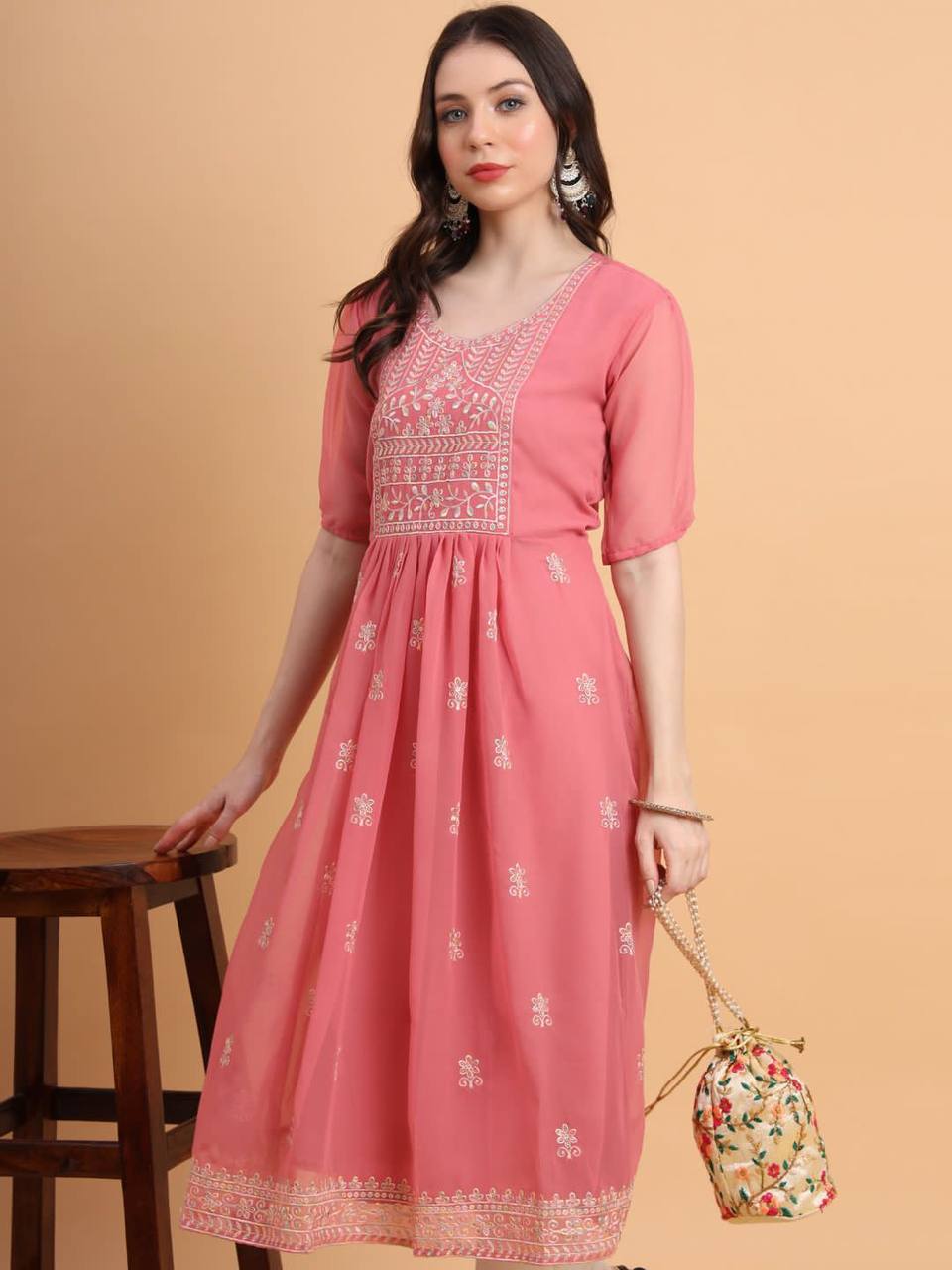 Women Embroidered Georgette Flared Kurta