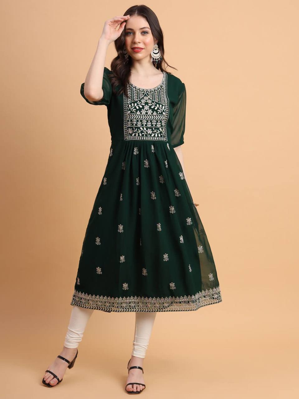 Women Embroidered Georgette Flared Kurta