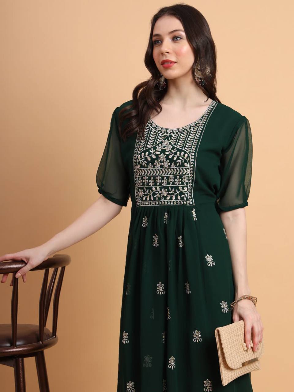 Women Embroidered Georgette Flared Kurta
