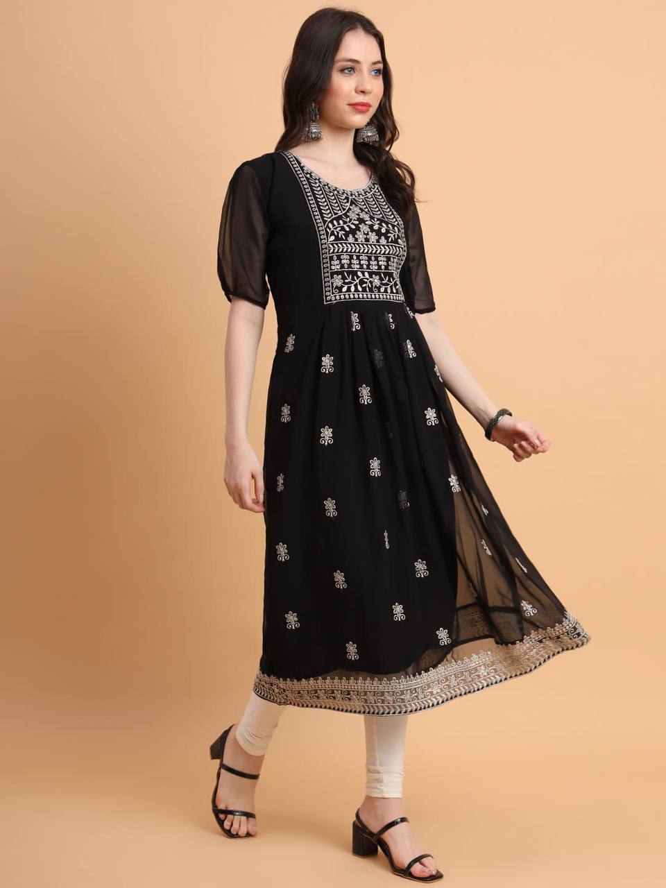 Women Embroidered Georgette Flared Kurta