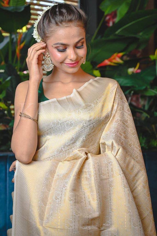 Wedding Wear Kanjivaram Woven Silk Saree With Blouse Piece - CREAM
