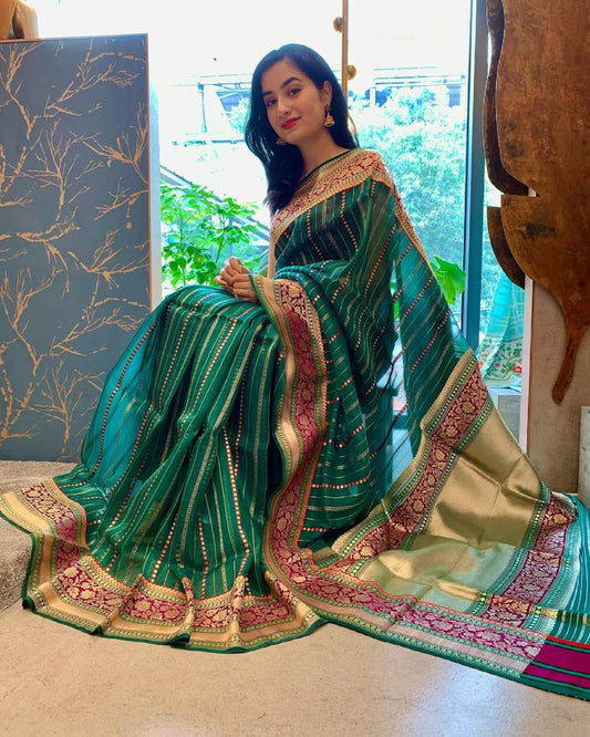 Elegant Green Soft Lichi Silk Saree with Rich Pallu & Jacquard Border