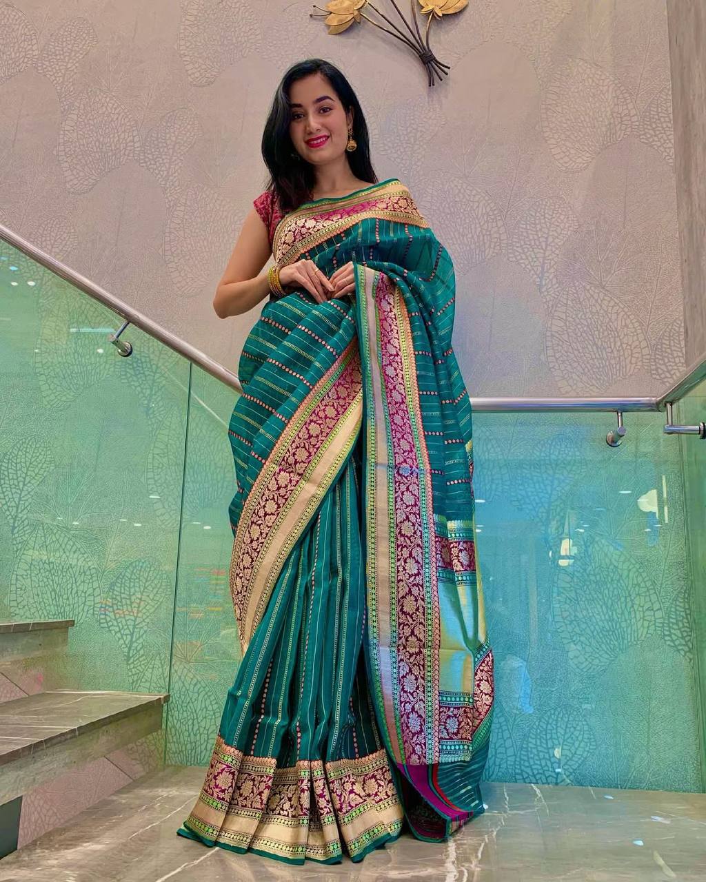 Elegant Green Soft Lichi Silk Saree with Rich Pallu & Jacquard Border