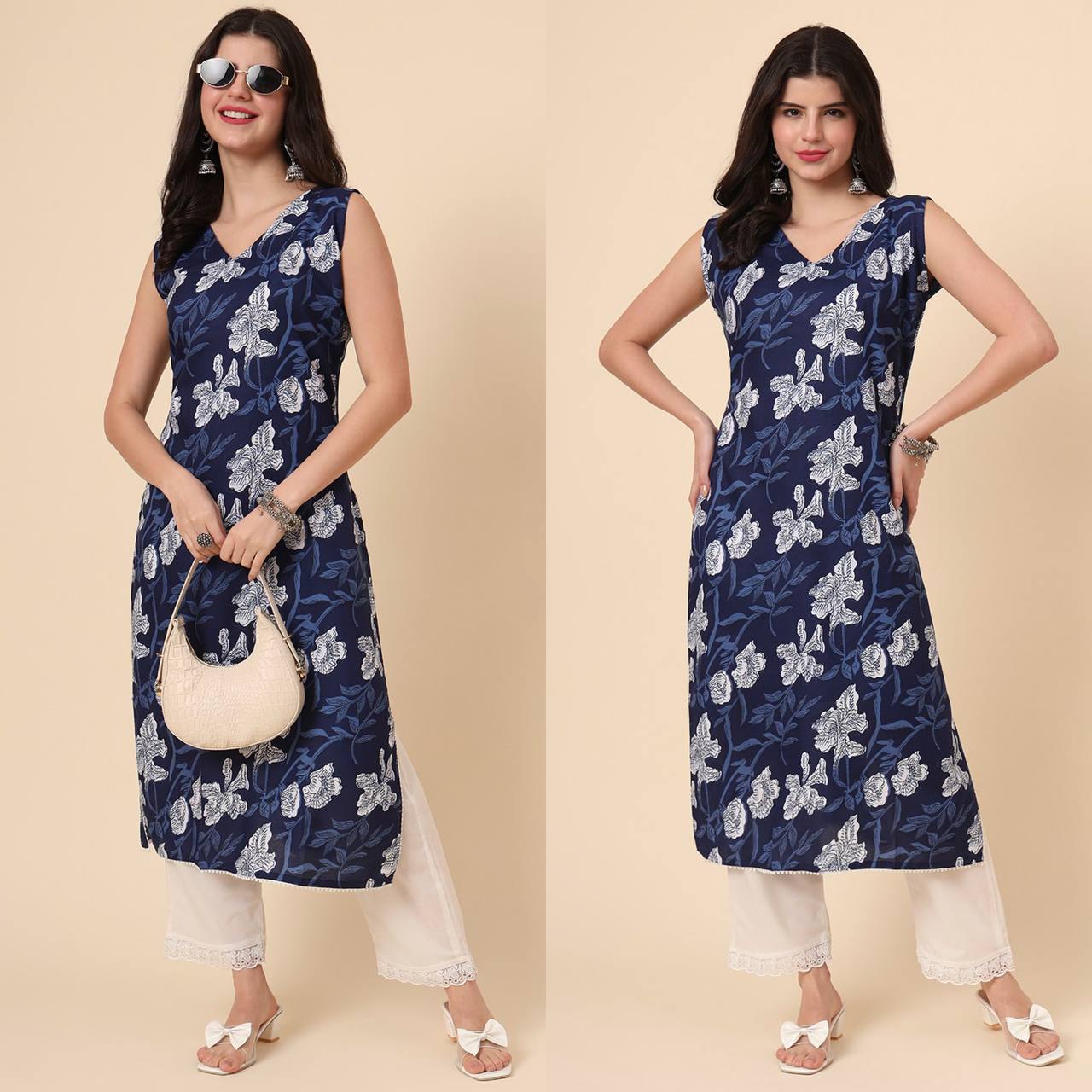 Women Printed Pure Cotton Straight Kurta (Blue)