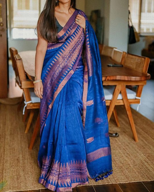 Elegant Blue Soft Lilan Slab Saree with Rich Pallu & Weaving Work