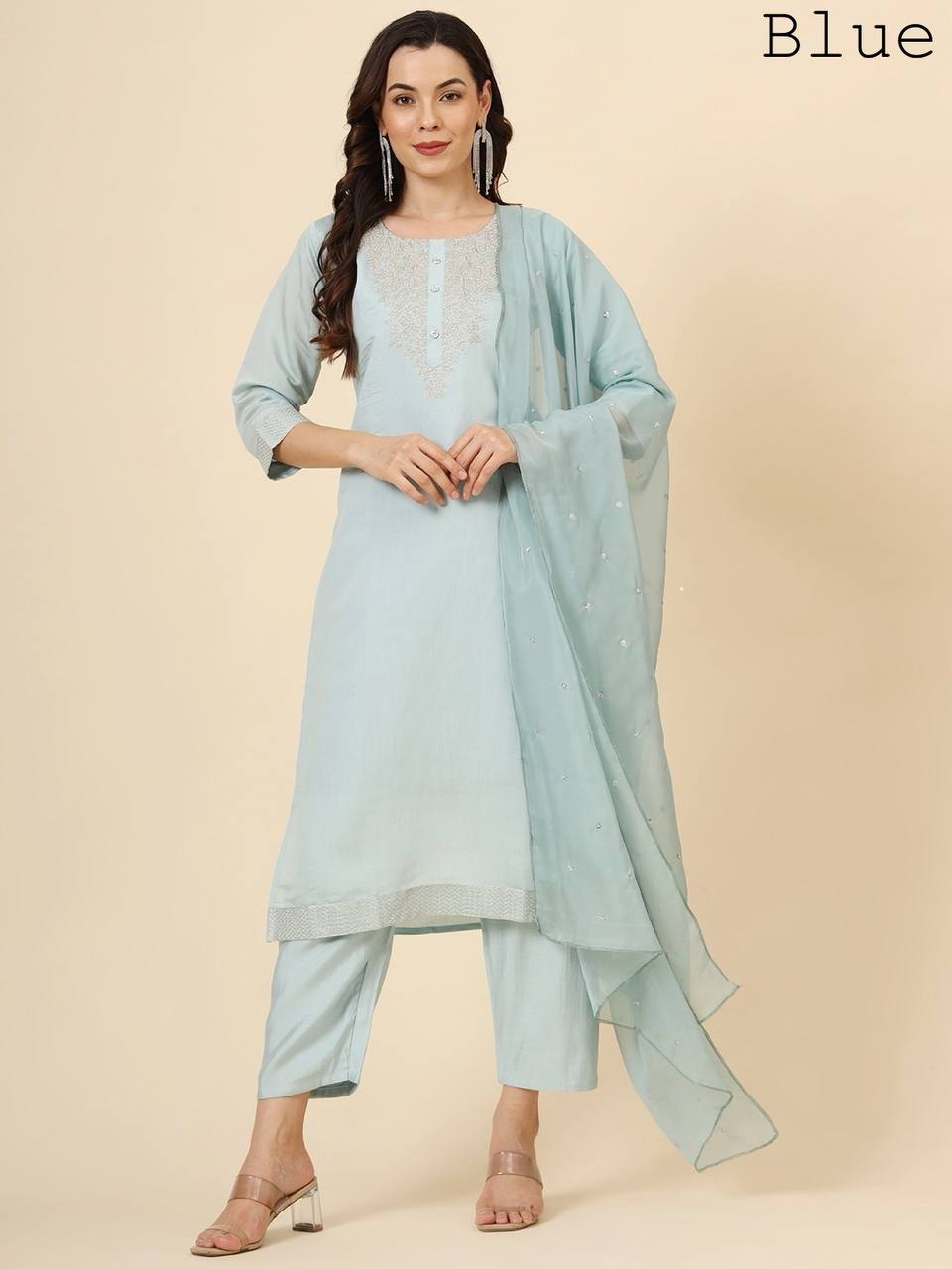 Teal Blue Embroidered Silk Blend Kurta Set