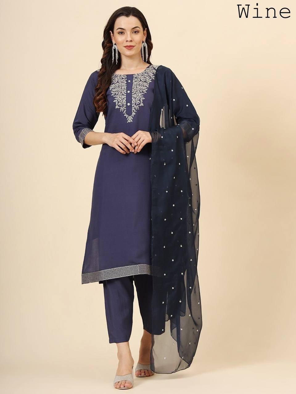 Teal Blue Embroidered Silk Blend Kurta Set