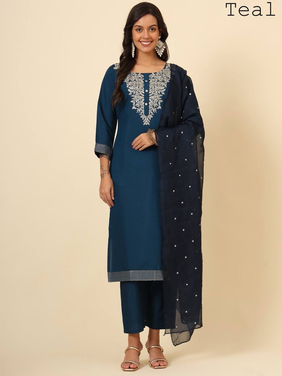 Teal Blue Embroidered Silk Blend Kurta Set