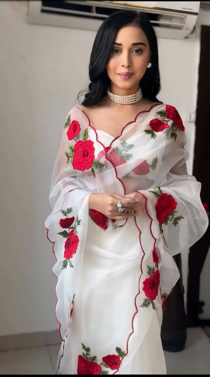 White tibby silk rose thread work ready to wear saree
