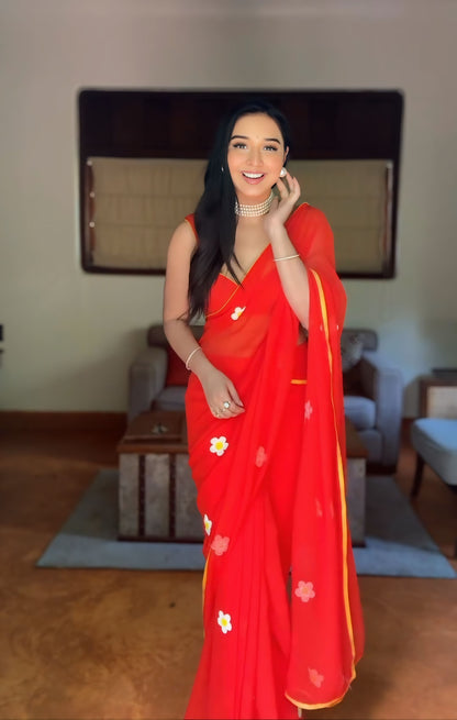 1 - Minute Ready To Wear Blushing Rose Attire Silk Printed Red Saree