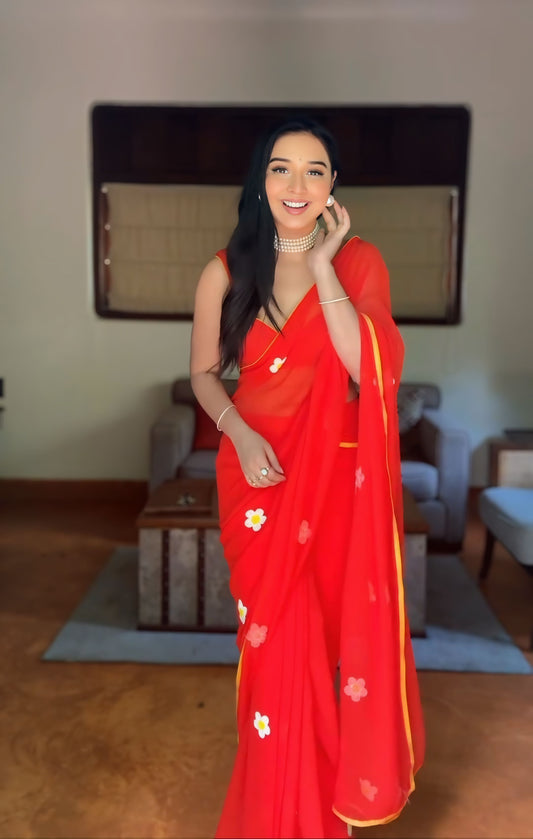 1 - Minute Ready To Wear Blushing Rose Attire Silk Printed Red Saree