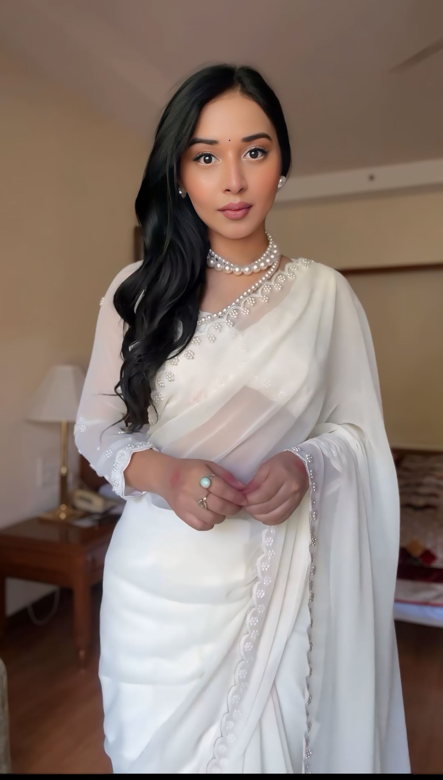 1 - Minute Ready To Wear Blushing Rose Attire Silk Printed White Saree