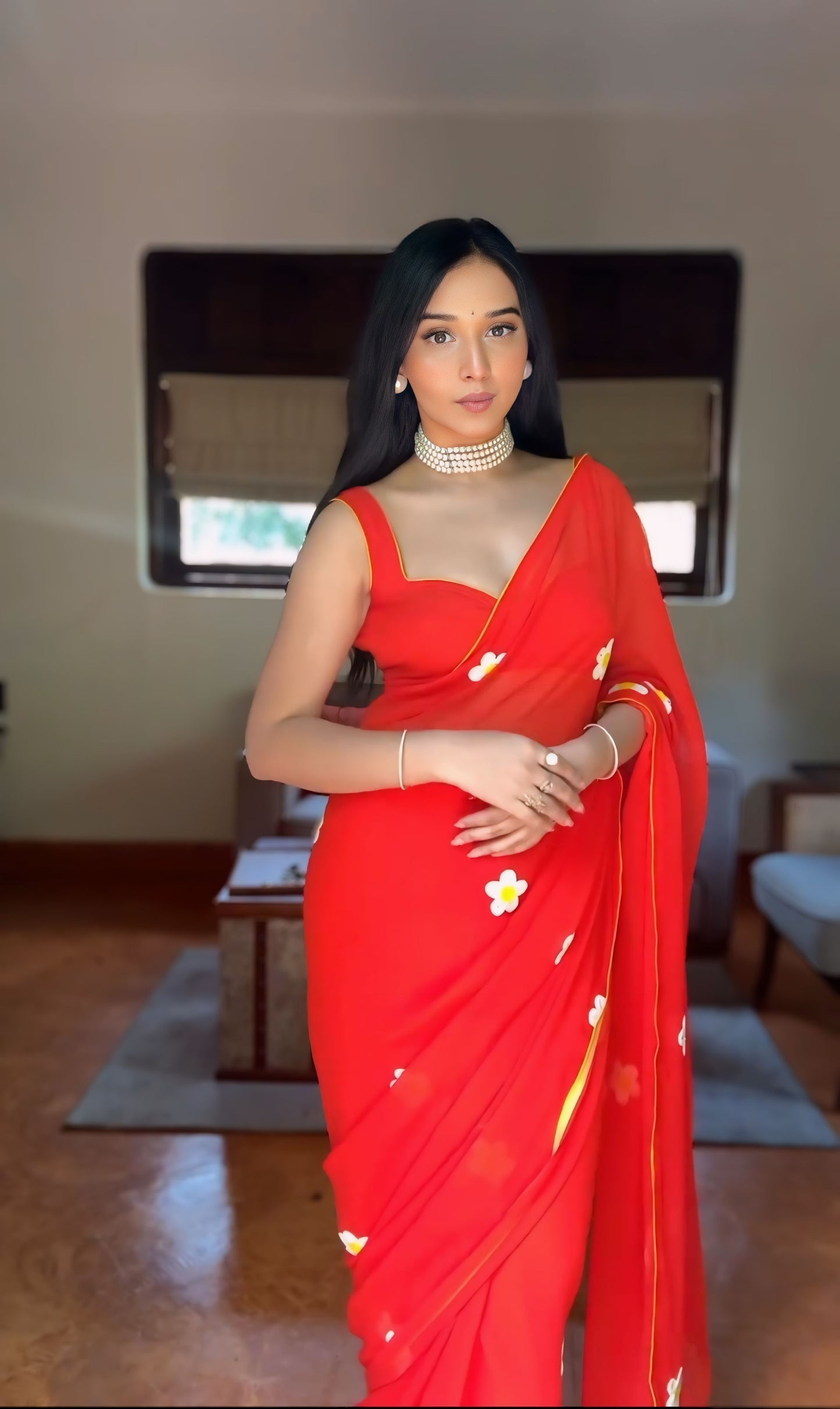 1 - Minute Ready To Wear Blushing Rose Attire Silk Printed Red Saree