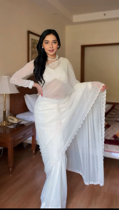 1 - Minute Ready To Wear Blushing Rose Attire Silk Printed White Saree