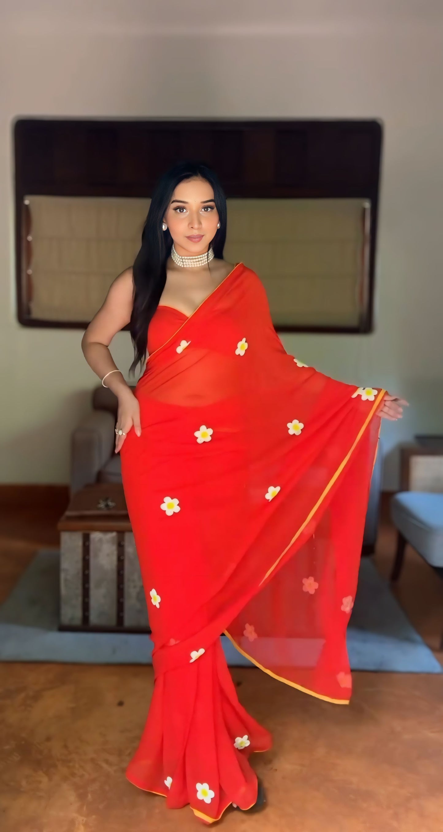 1 - Minute Ready To Wear Blushing Rose Attire Silk Printed Red Saree