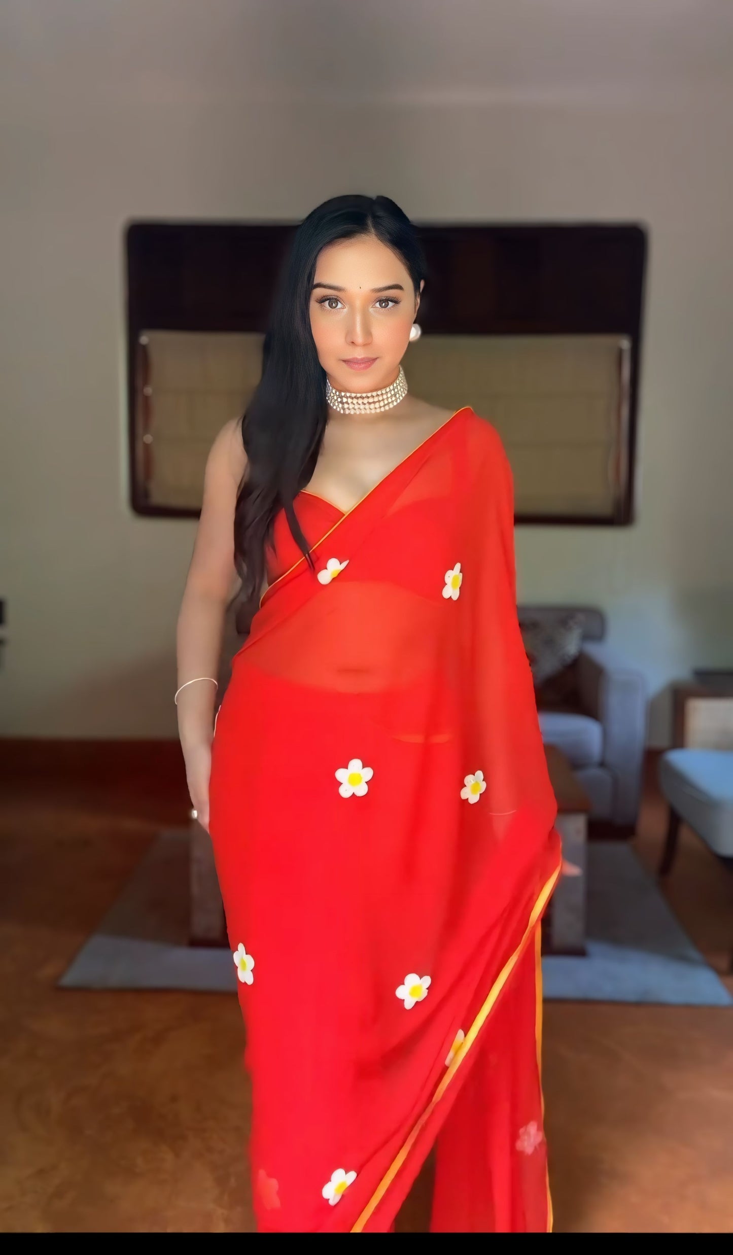 1 - Minute Ready To Wear Blushing Rose Attire Silk Printed Red Saree