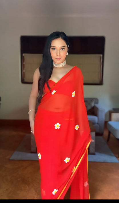 1 - Minute Ready To Wear Blushing Rose Attire Silk Printed Red Saree