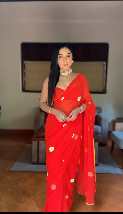 1 - Minute Ready To Wear Blushing Rose Attire Silk Printed Red Saree