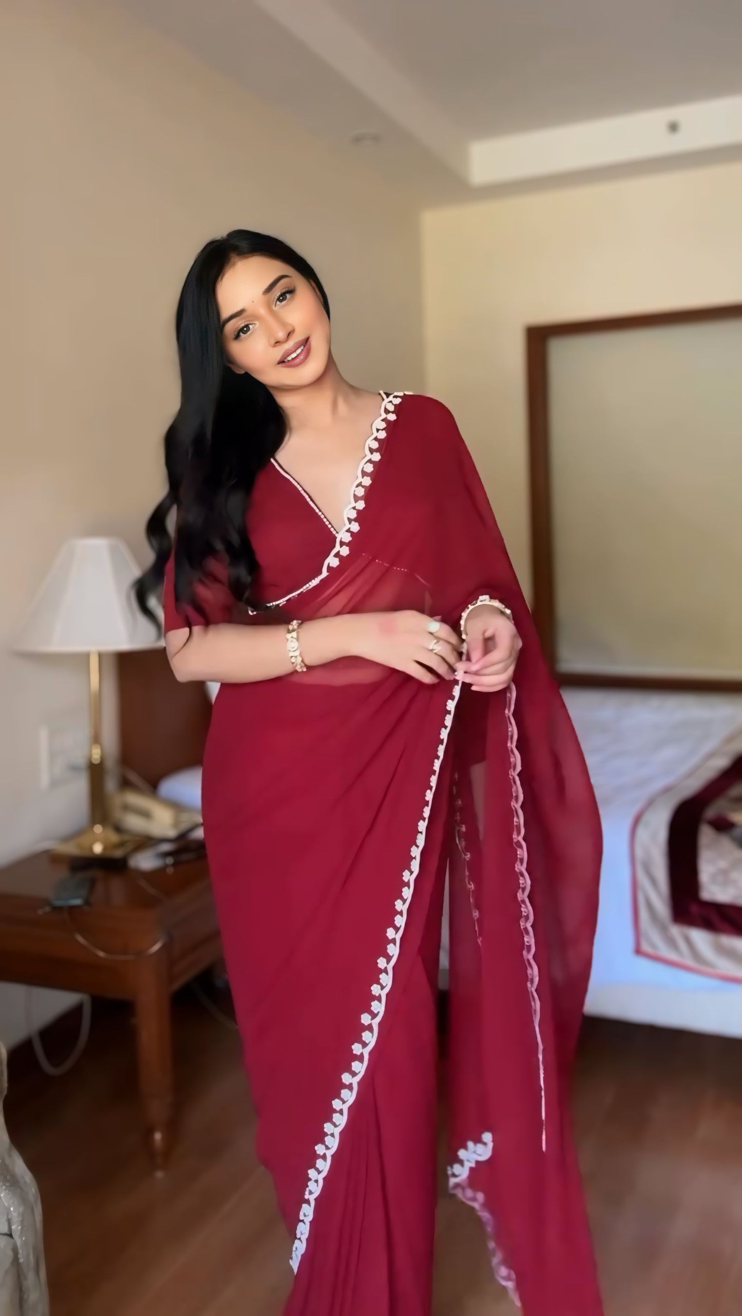 1 - Minute Ready To Wear Blushing Rose Attire Silk Printed Red Saree