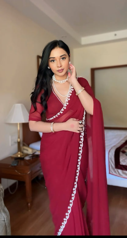 1 - Minute Ready To Wear Blushing Rose Attire Silk Printed Red Saree