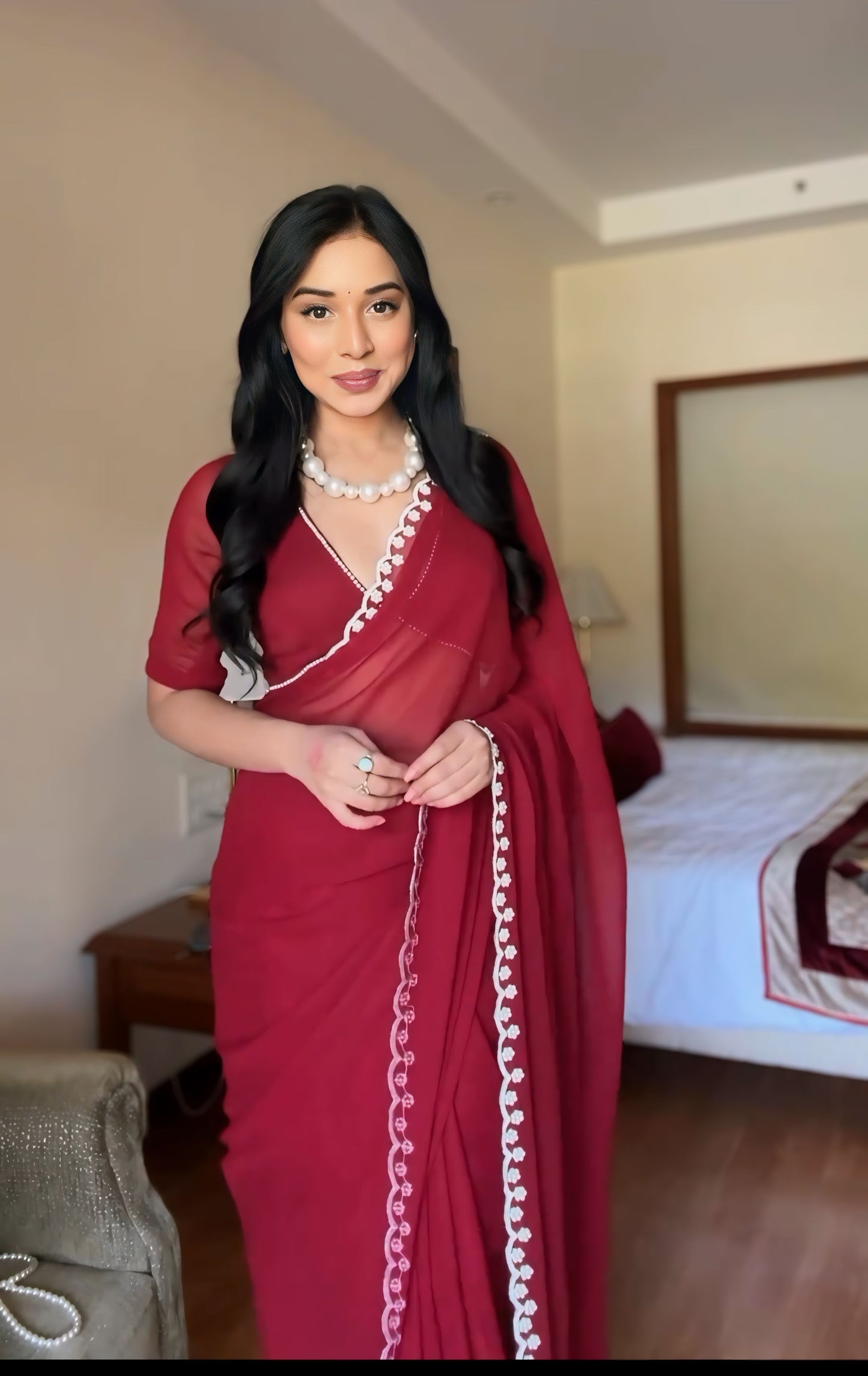 1 - Minute Ready To Wear Blushing Rose Attire Silk Printed Red Saree