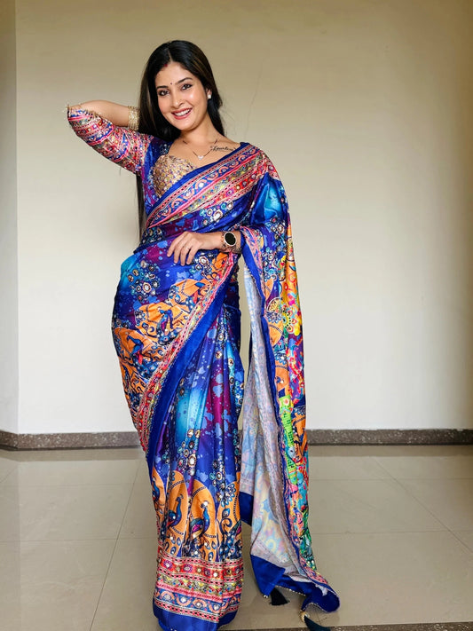 Zephyr Multicolor Chinon Silk Printed Mirror Work Saree - BLUE