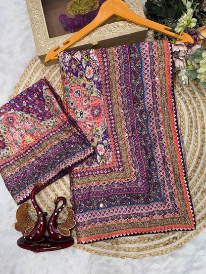 Outstanding Multicolor Chinon Silk Printed Mirror Work Saree