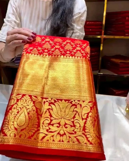 Red Banarasi Silk Saree with Heavy Gold Zari Border