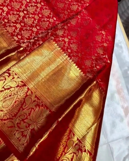 Red Banarasi Silk Saree with Heavy Gold Zari Border