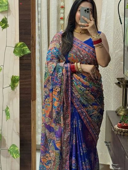 Angelic Multicolor Chinon Silk Printed Mirror Work Saree