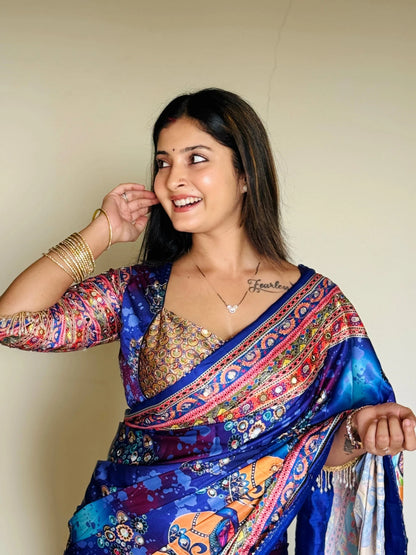 Zephyr Multicolor Chinon Silk Printed Mirror Work Saree - BLUE