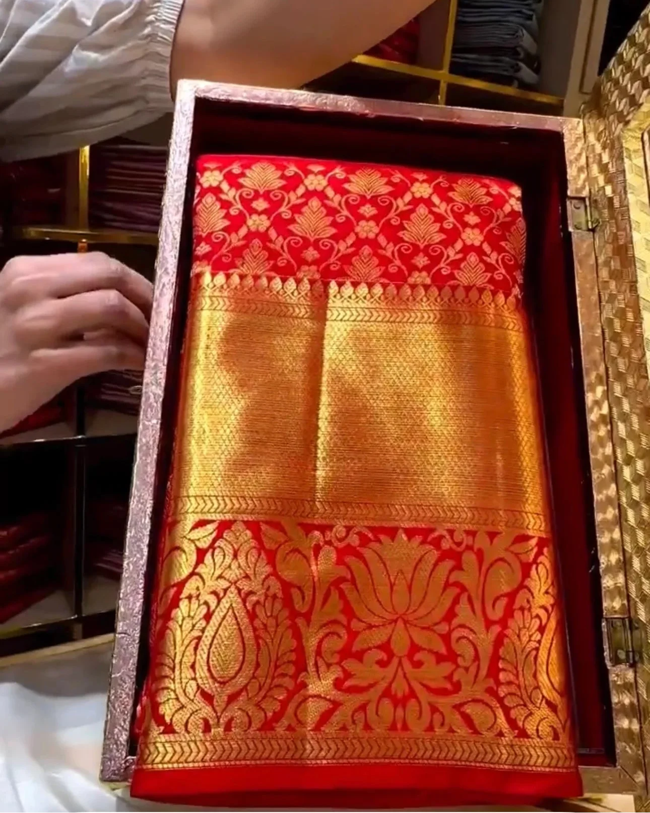 Red Banarasi Silk Saree with Heavy Gold Zari Border