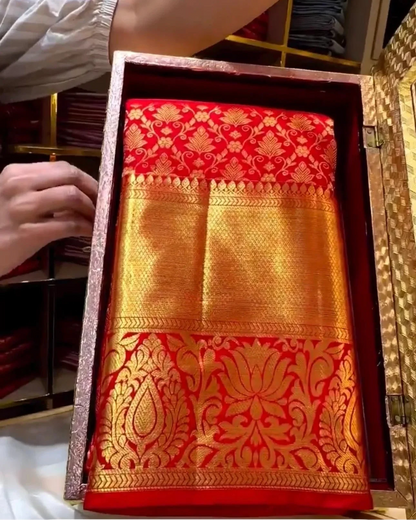 Red Banarasi Silk Saree with Heavy Gold Zari Border
