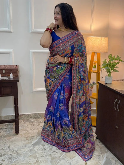 Angelic Multicolor Chinon Silk Printed Mirror Work Saree