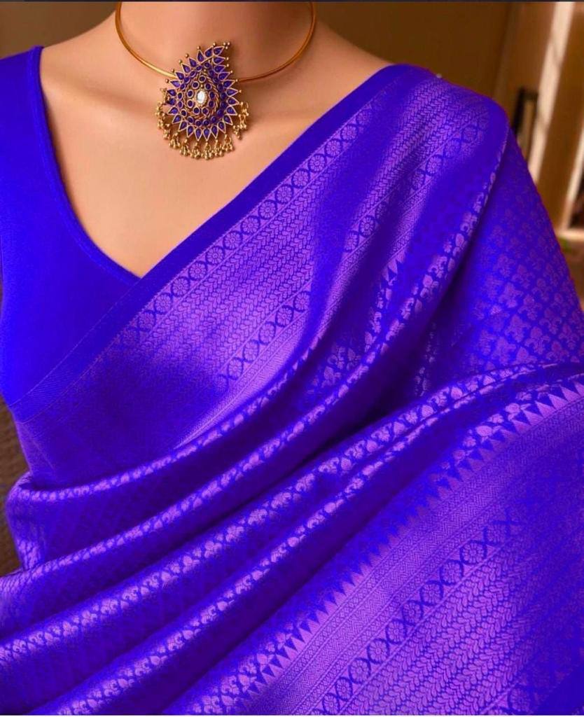 Wide Border Attractive Soft Silk Saree With Blouse For Festival Occasion - ROYAL BLUE