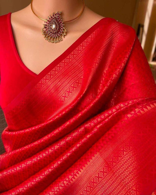 Wide Border Attractive Soft Silk Saree With Blouse For Festival Occasion - RED