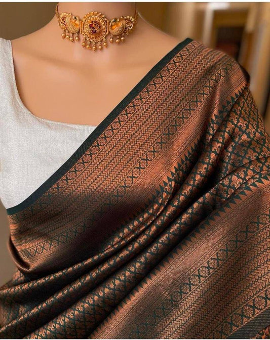 Wide Border Attractive Soft Silk Saree With Blouse For Festival Occasion - GREEN