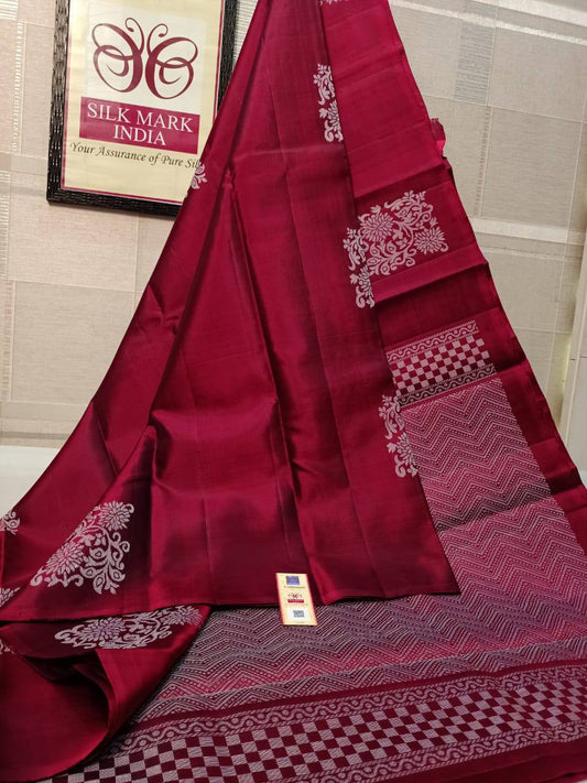 Elegant Soft Silk Saree with Silver Zari Border & Floral Motifs – Traditional Party Wear Saree - MAROON