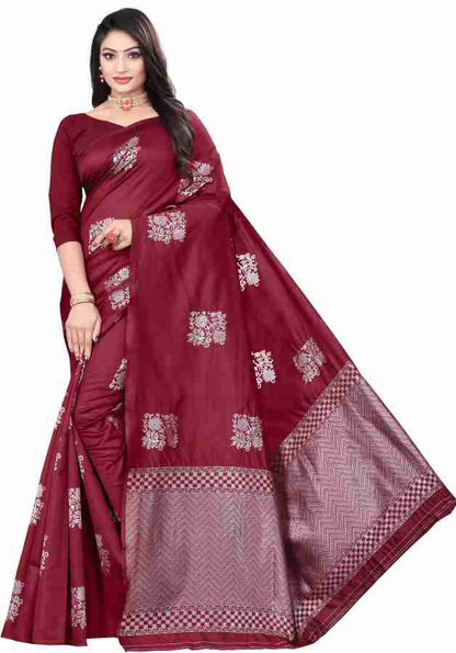 Elegant Soft Silk Saree with Silver Zari Border & Floral Motifs – Traditional Party Wear Saree - MAROON