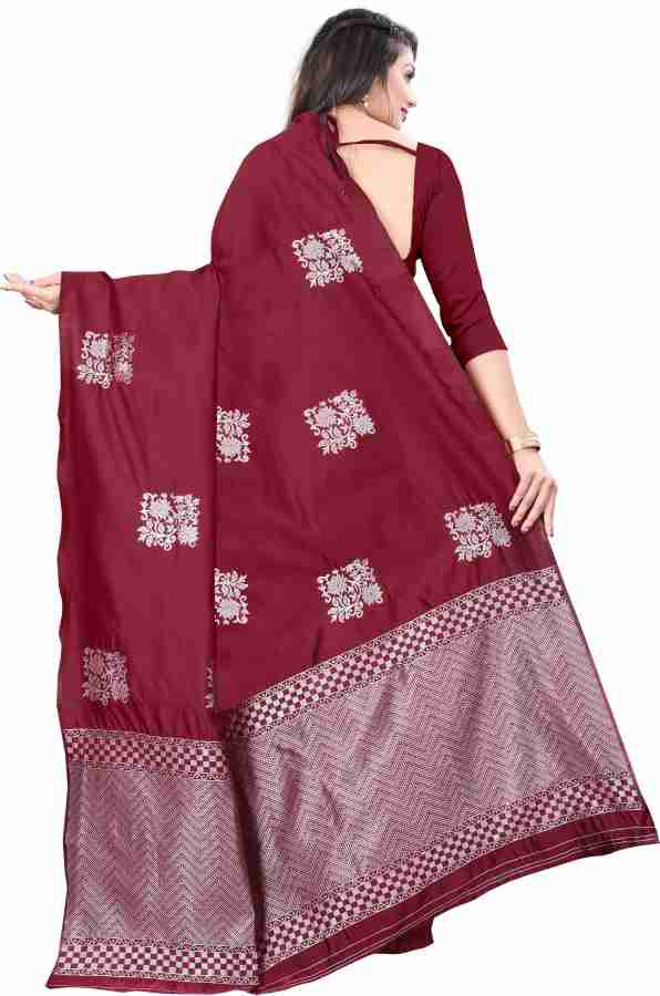 Elegant Soft Silk Saree with Silver Zari Border & Floral Motifs – Traditional Party Wear Saree - MAROON