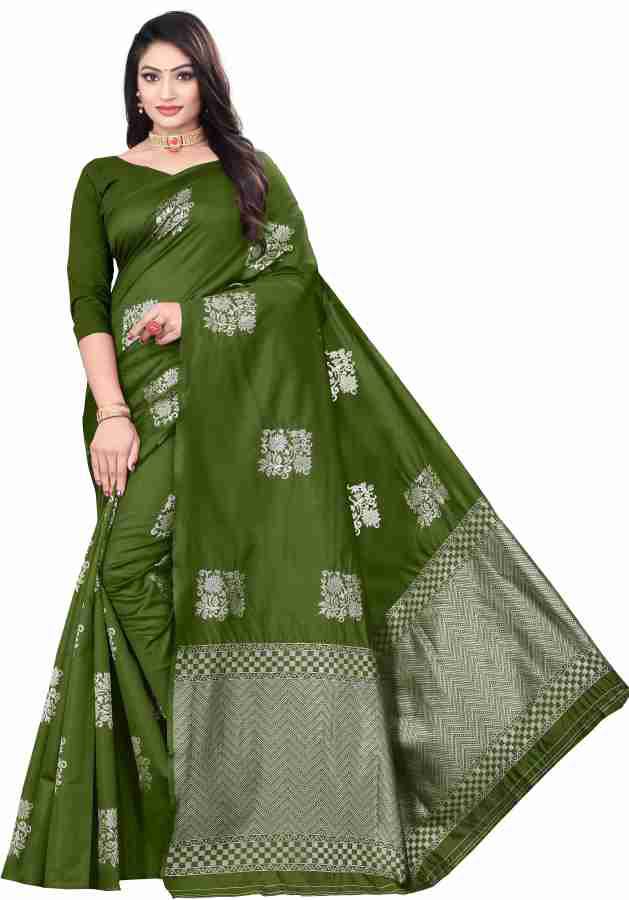 Elegant Soft Silk Saree with Silver Zari Border & Floral Motifs – Traditional Party Wear Saree - OLIVE GREEN