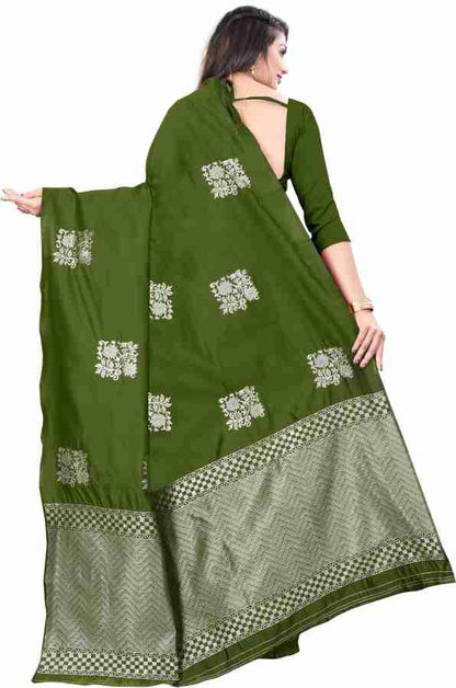 Elegant Soft Silk Saree with Silver Zari Border & Floral Motifs – Traditional Party Wear Saree - OLIVE GREEN